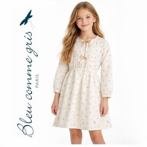 Bleu Comme Gris Paris Ivory Gold Polka Dot Lace Trim Long Sleeve Dress | Size 10